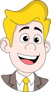 Kahverengi takım elbiseli, sarı kravatlı, parlak sarı saçlı, gülümseyen bir karikatür işadamının temsili.
