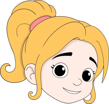 Sarı saçlı, at kuyruklu, neşeli bir şekilde gülümseyen tatlı bir çizgi film kızının vektör çizimi.
