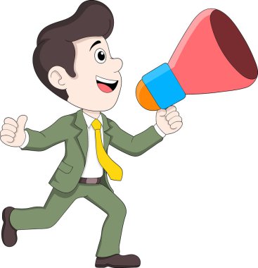 Renkli bir megafon tutan neşeli bir işadamının vektör karikatürü, bir duyuru yaparken başparmağını kaldırıyor.