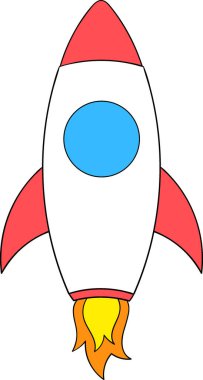 Basit ve renkli çizgi film stili roket parlak alevlerle kalkıyor, başlangıç büyümesini, yeniliği, yeni fikirleri ve gelecekteki teknolojiyi sembolize ediyor..