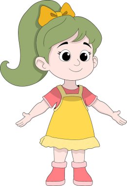Yeşil at kuyruklu, sarı kurdeleli, pembe gömlekli ve pembe ayakkabılı, kolları açık duran, sarı piñafore elbisesi giyen, gülümseyen genç bir kızın çok güzel bir çizimi.