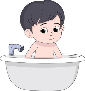 Küvette banyo yapmaya hazır genç bir çocuğun hoş bir çizimi.