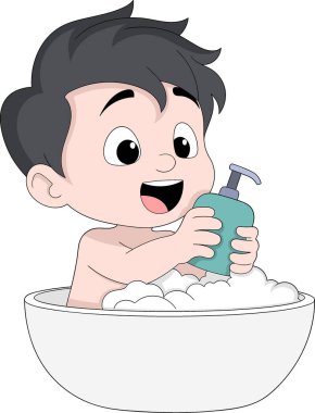 Baloncuklarla dolu bir küvette banyo yapan, elinde bir şişe sıvı sabun tutan mutlu küçük bir çocuğun hoş bir çizimi.