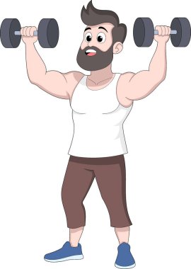 Kas yığını bir adamın omuz presi egzersizinde dambılları kaldırışını canlandırmak. Çizgi film fitness karakter eğitimi kollar ve omuzlar