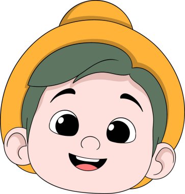 Yeşil saçlı, sarı şapkalı ve neşeli görünen gülümseyen bir çizgi film çocuğu yüzü.