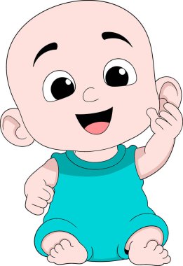 Neşeli bir çizgi film karakteri bebek oturuyor, mutlu bir şekilde gülümsüyor, mavi bir elbise giyiyor.