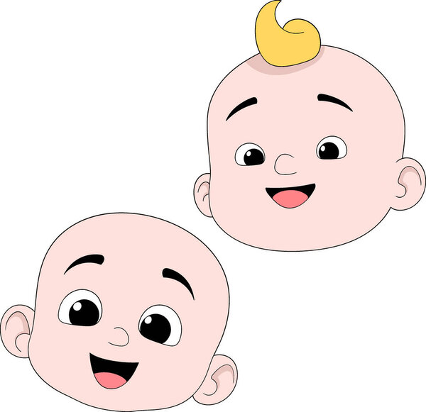 Illustration of two cute cartoon baby faces, one bald and one with a small blond curl, both smiling happily