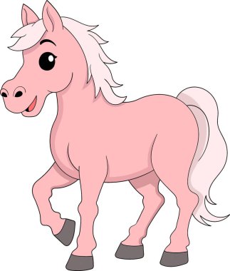 Mutlu bir ifadesi ve beyaz yelesi olan şirin pembe bir midilli atının vektör çizimi.