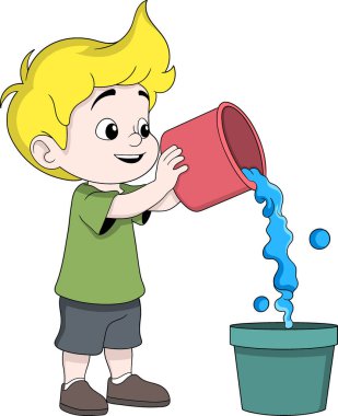 Kırmızı kovadan yeşil gömlekli ve şortlu, kırmızı kovaya su döken küçük bir çocuğun hoş bir karikatür çizimi.
