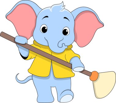 Sarı ceketli ve elinde süpürge tutan mavi bir fil karakterinin hoş bir çizimi.