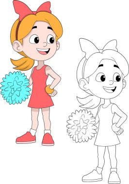 Sarı saçlı, kırmızı üniformalı ve elinde mavi ponponla gülümseyen bir amigo kızın çizgi film çizimi.