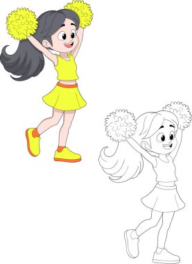 Sarı üniformalı, kolları havada, ponponları tutarken zıplayan mutlu bir amigo kızın çizgi film çizimi.