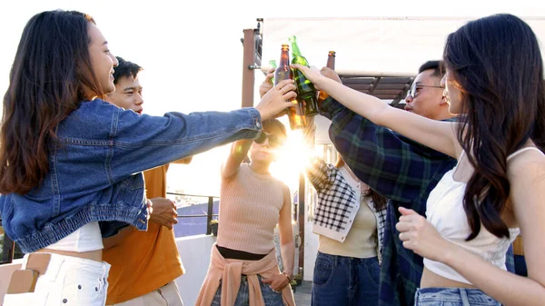 Group Young Asian People Drinking Alcohol Sunset Rooftop Party Asian Stock Image