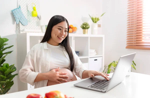 Pregnant Woman Using Laptop Home Pregnant Belly Expectant Mother Computer Stock Picture