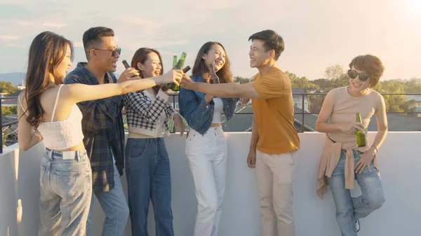 Group Young Asian People Drinking Alcohol Sunset Rooftop Party Asian Stock Photo