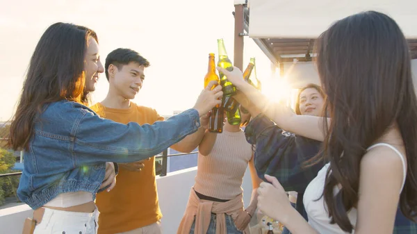 Group Young Asian People Drinking Alcohol Sunset Rooftop Party Asian Stock Picture