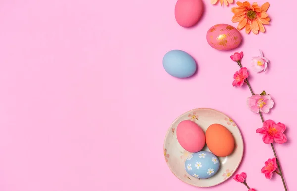 Happy Easter Colourful Easter Eggs Pink Background Greetings Presents Easter — Foto de Stock