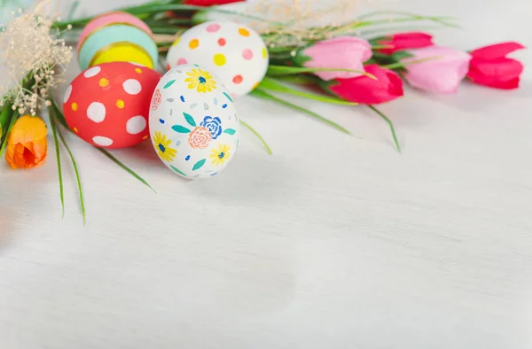 Happy easter Day. Easter eggs on wooden background. Greetings and presents for Easter Day celebrate time. Flat lay ,top view, copy space.