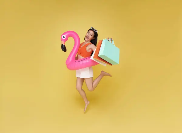 Happy Sexy Young Woman Dressed Swimwear Holding Shopping Bag Flamingo Royalty Free Stock Photos
