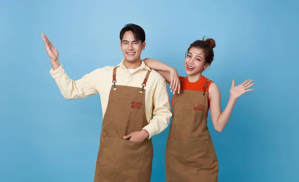 Happy Young Asian Barista Couple Partnership Wearing Apron Standing Open Stock Photo
