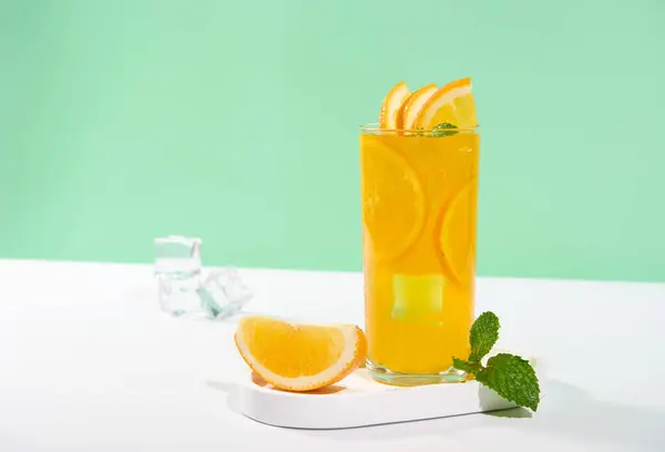 Squeezed Orange Juice Garnished Orange Slice Isolated Studio Background Summertime Royalty Free Stock Images