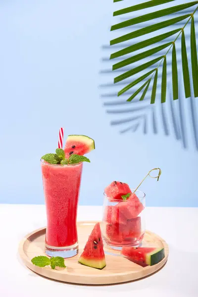 Fresh Watermelon Juice Smoothie Glasses Watermelon Pieces Studio Background Refreshing Stock Picture