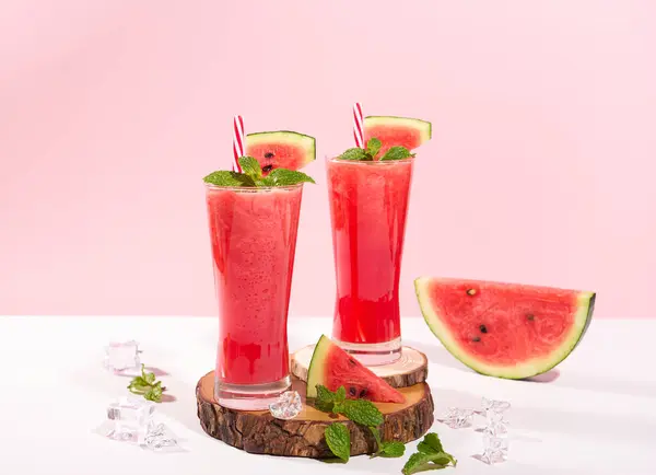 Fresh Watermelon Juice Smoothie Glasses Watermelon Pieces Studio Background Refreshing Stock Photo