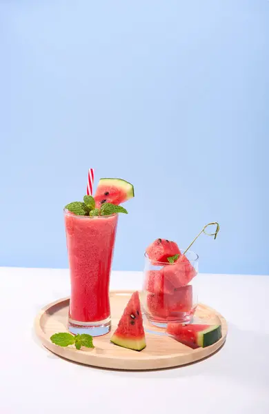 Fresh Watermelon Juice Smoothie Glasses Watermelon Pieces Studio Background Refreshing Stock Image