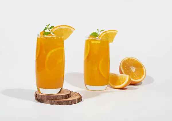 Squeezed Orange Juice Garnished Orange Slice Isolated White Background Stock Photo