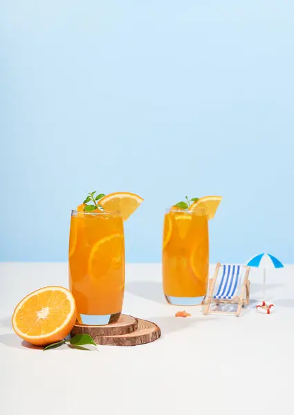 Squeezed Orange Juice Garnished Orange Slice Isolated Studio Background Summertime Stock Picture