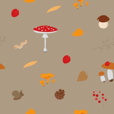 Mantarlı, renkli sonbahar ormanı zemini. Beyaz, pürüzsüz desenli, yaratıkların vektör koleksiyonu.