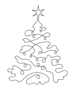 Aralıksız tek bir çizgi, yıldız çelengi ve süslemeleri olan basit siyah beyaz Noel ağacı çizimi.
