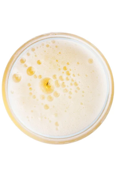 Pivní Bubliny Sklenici Světlého Piva Pohled Shora Izolované Bílém Makro — Stock fotografie