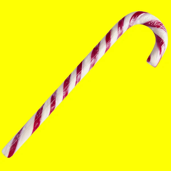 Karácsonyi Candy Cane Közelkép Elszigetelt Sárga Alapon — Stock Fotó