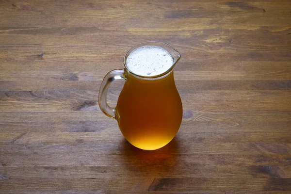 Full Pitcher Beer Close Wooden Table Copy Space — Stock Photo, Image