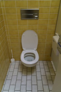 ceramic toilet bowl near yellow wall, Public toilet in an official establishment, toilet bowl, washroom, WC