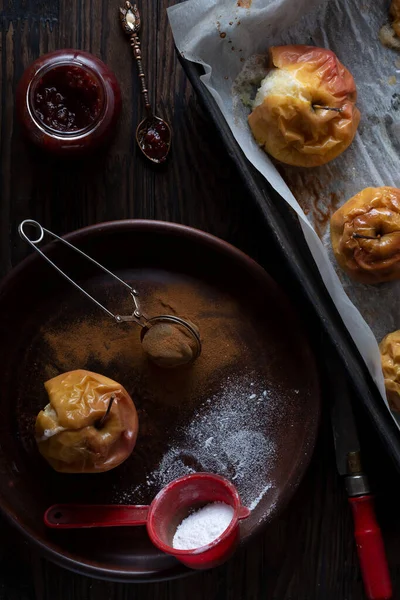 stock image healthy food dessert baked apples with cinnamon and honey, powdered sugar and jam