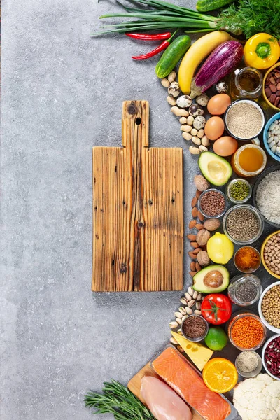 Fresh Food Set Gray Concrete Background Empty Cutting Board Healthy — Stockfoto