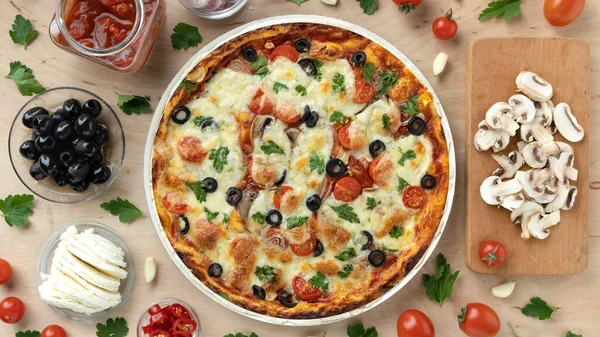 Recipe Making Delicious Italian Pizza Vegetables Mozzarella Flat Lay Home — Foto de Stock