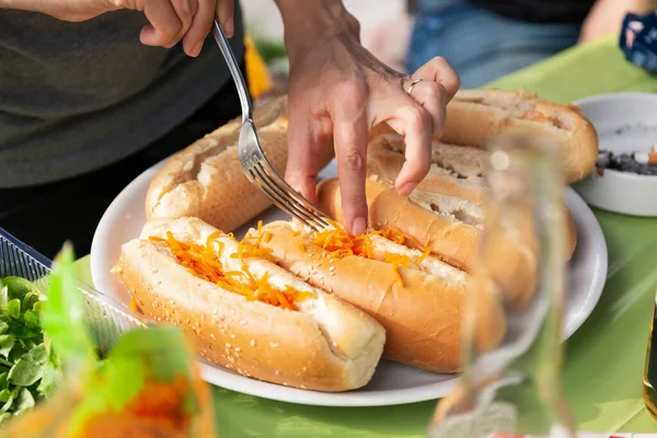 Woman Preparing Homemade Hot Dogs Picnic Close Eating Out — Stock Photo, Image