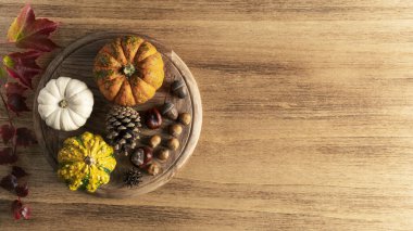 Kabaklı ve sonbahar yapraklı boş Şükran Günü arkaplanı, metin için kopyalama alanı