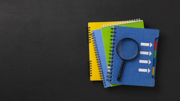 Pile Student Notebooks Black Background Copy Space — Stock Photo, Image