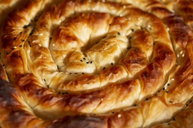 Peynirli geleneksel Türk pastası. Türk Tepsi Boregi, Yuvarlak Borek, Tepe çöreği (Türkçe adı: rulo borek))