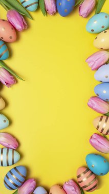 Paskalya Günü kartı. Sarı arka planda laleleri olan Paskalya yumurtaları.