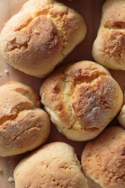 Easter Homemade Easter Traditional Hot Buns, Easter Buns Close Up, Top View. Easter Baking