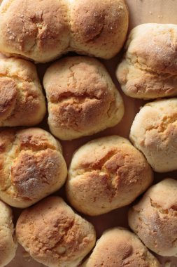 Easter Homemade Easter Traditional Hot Buns, Easter Buns Close Up, Top View. Easter Baking