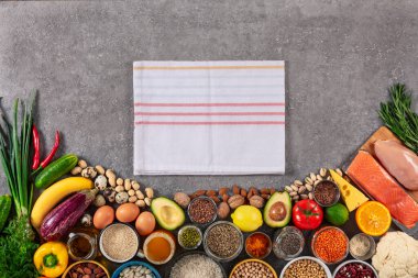 Bir yetişkinin normal beslenmesi için bir dizi ürün. Yüksek miktarda vitamin ve besin içeren ürünler.