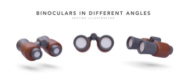 Set of 3d realistic binoculars in different angles with shadow isolated on white background. Vector illustration