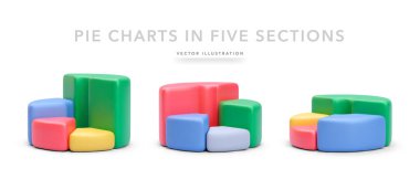 Beyaz arka planda izole edilmiş beş bölümden oluşan üç boyutlu gerçekçi turta grafikleri. Vektör illüstrasyonu