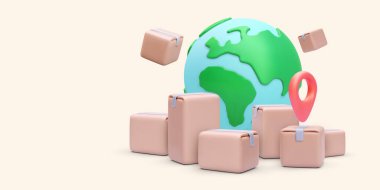 Dünyanın herhangi bir yerine 3 boyutlu gerçekçi bir paket teslimatı. Vektör illüstrasyonu